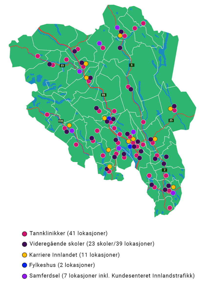 Kart med lokasjoner over hvor de ansatte i Innlandet fylkeskommune jobber - Klikk for stort bilde