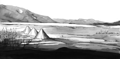 Den samiske boplassen ved Aursjøen slik illustratør  Hege Vatnaland har sett det. - Klikk for stort bilde