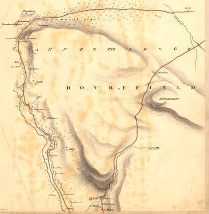 kart fra 1820 viser flere faser av kongeveg gjennom Dovre.  - Klikk for stort bilde