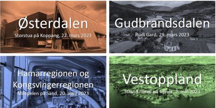 Bilder av stedene hvor medvirkningskonferanse ble holdt: Østerdalen, Hamarregionen og Kongsvingerregionen, Gudbrandsdalen og Vestoppland - Klikk for stort bilde
