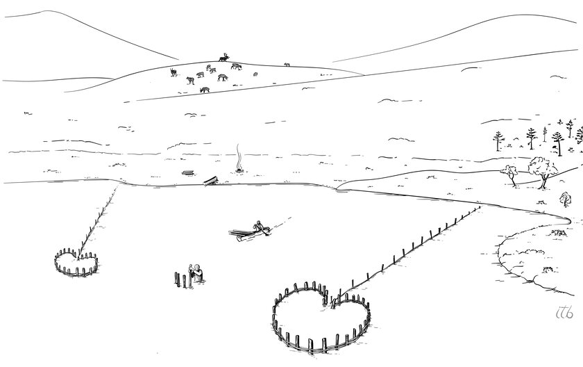 Den første tegningen som  viser hvordan fiskefellene ved Tesse kan ha sett ut, er på plass.  - Klikk for stort bilde