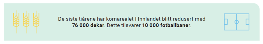 De siste tiårene har kornarealet I Innlandet blitt redusert med 76 000 dekar. Dette tilsvarer 10 000 fotballbaner. - Klikk for stort bilde