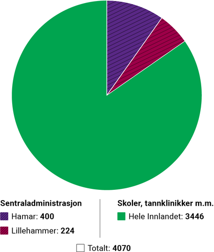 Kakediagram som viser fordelingen av ansatte mellom sentraladministrasjonen og  øvrige arbeidssteder - Klikk for stort bilde