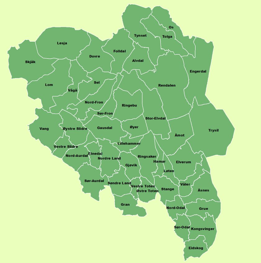 Kart over Innlandet med kommuner - Klikk for stort bilde