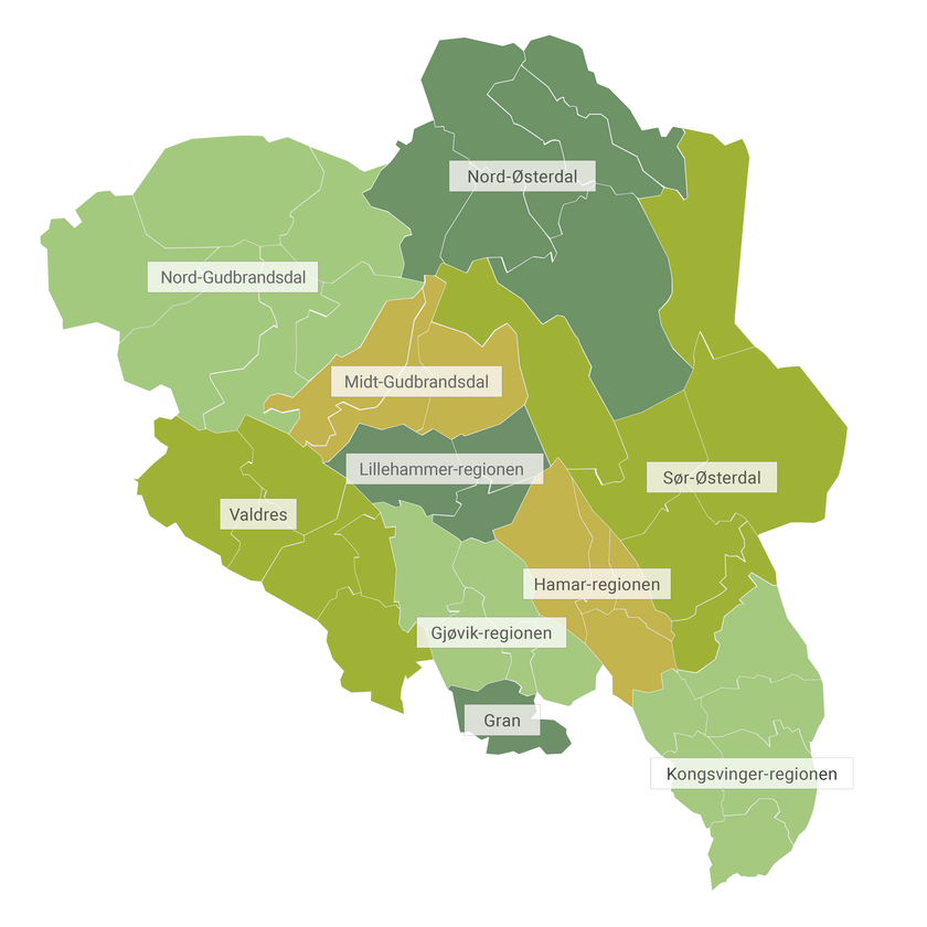 De ti regionene i Innlandet vist i et kart - Klikk for stort bilde