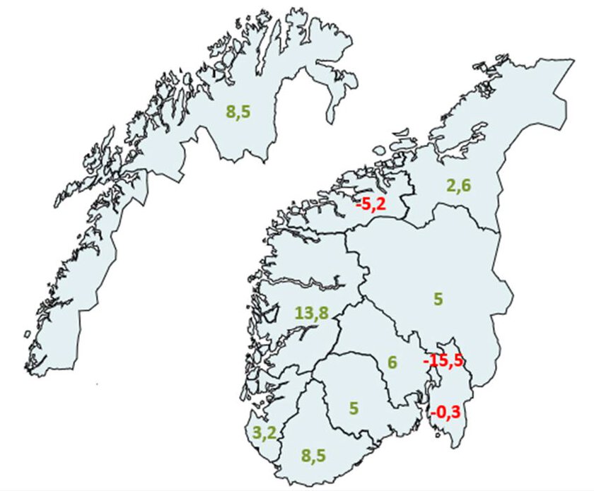 Bildet viser et kart over Norge der  ulike kraftsoner er delt inn.  - Klikk for stort bilde