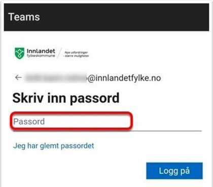 Skriv inn passord - Teams - Klikk for stort bilde
